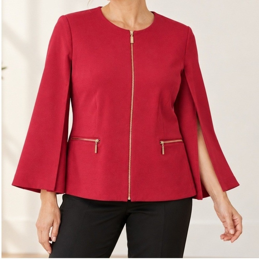 Chico's Cape Jacket Red Full Zip Ponte Knit Gold Hardware SZ LG Night Out
